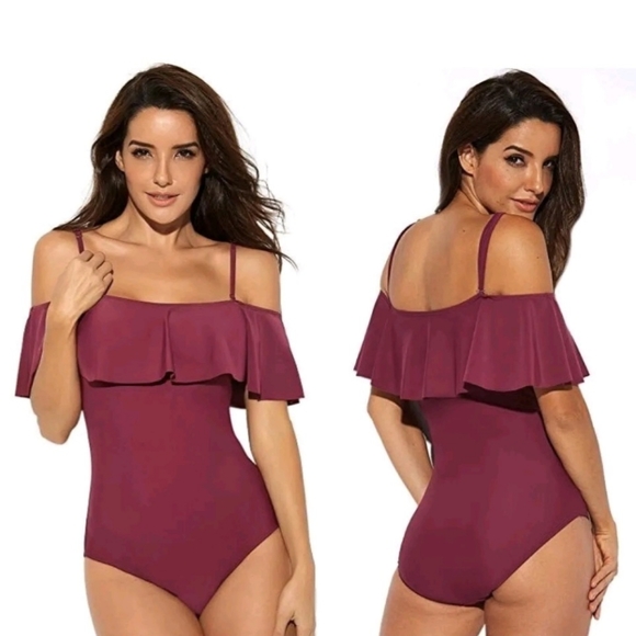 New! Funny Girl Flounce Ruffle Cold Shoulder Swimsuit Women's Size Medium Berry. - Picture 1 of 7